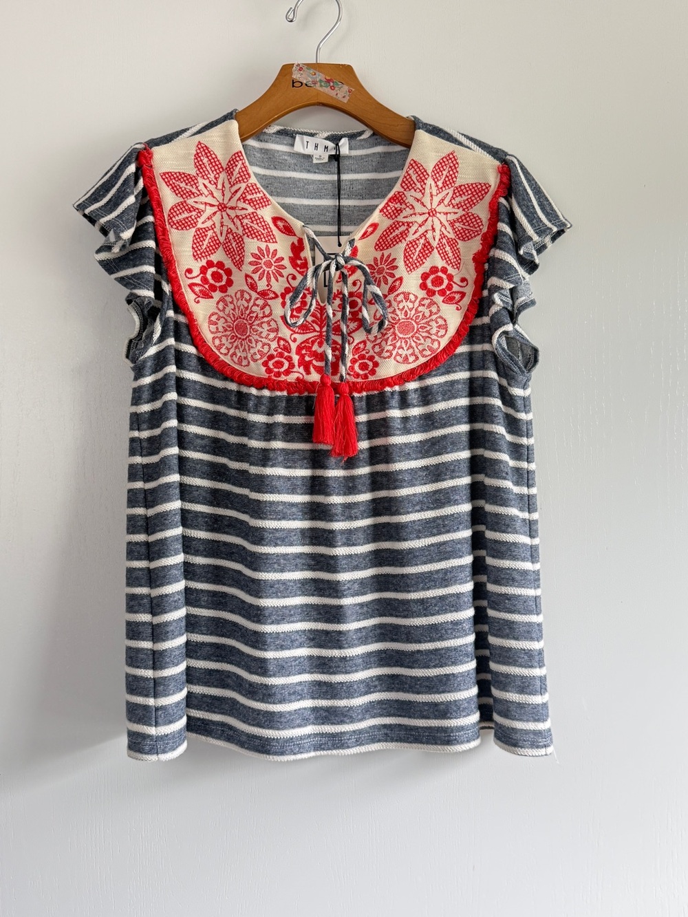 THML Navy & White Striped Knit Top Blouse Red Embroidered Floral Bib Boho